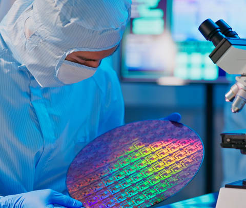 services_small_cleanrooms-&-contamination-control01 cleanroom technician, examining a wafer board